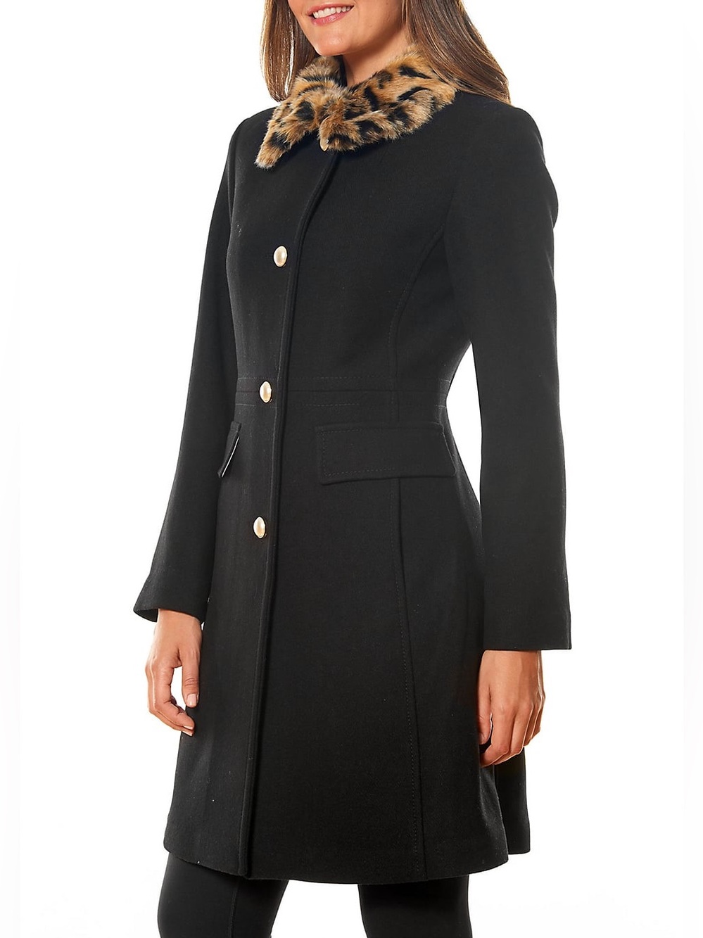 Kate Spade Faux Fur Trim Walker Coat Wool Blend Removable Collar Black Size XL